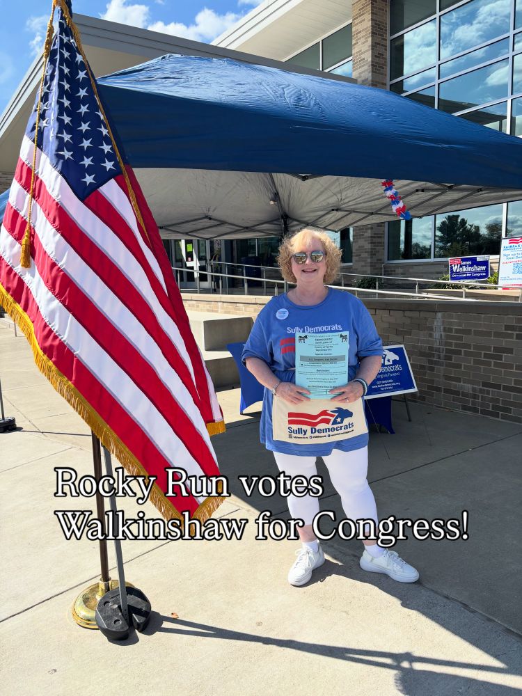 Melissa standing with American flag at Rocky Run precinct holding sample ballot for Democrat @JamesWalkinshaw