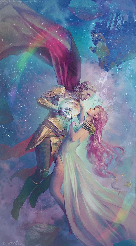 A knight holding a pink haired maiden in his arms, while floating in abyss.
