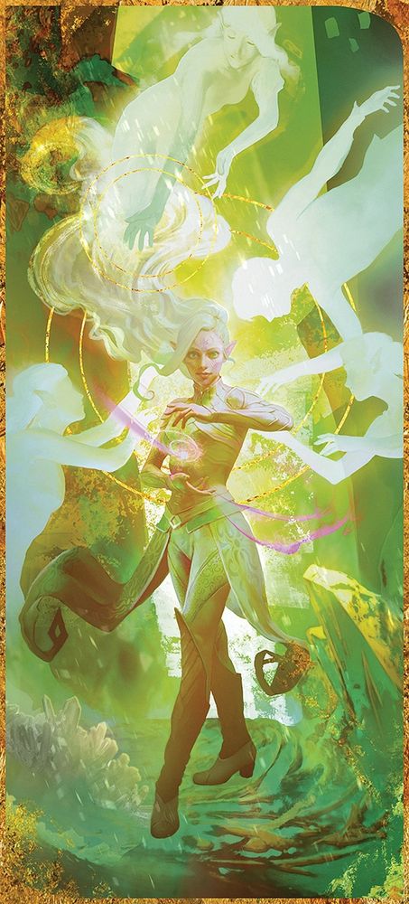 An green/gold illustration of an elven maiden casting spell, with spirits gently surrounding her. Dragon Age inspired.