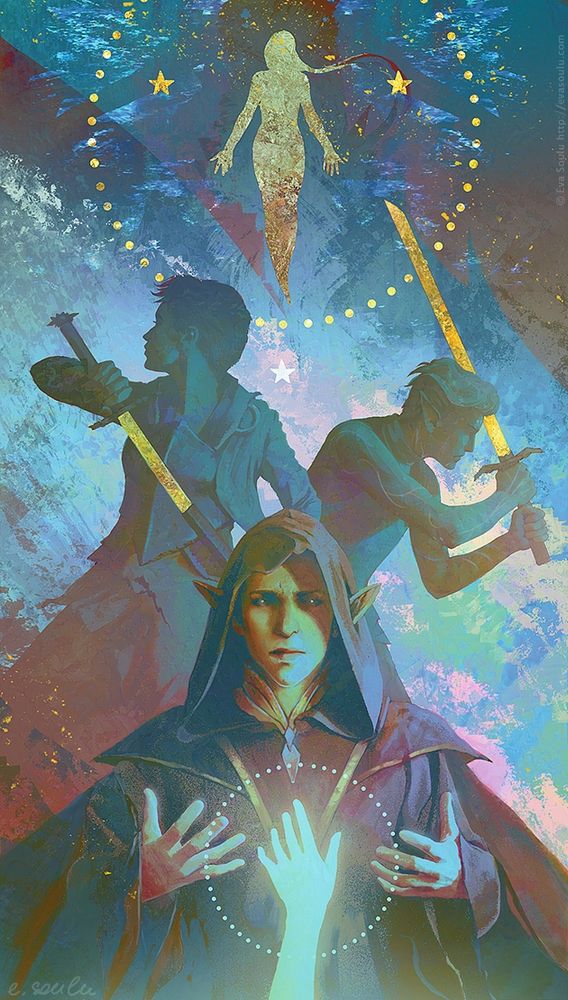 A poster-like illustration of Solas, Cass, and Fenris from Dragon Age. A ghostly, shining hand is touching Solas' chest (it's Lavellan!).
