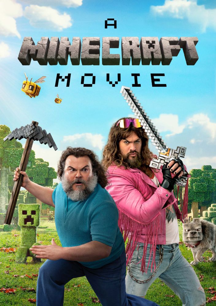 Minecraft movie poster with Steve and Garret holding weapons and Dennis and a creeper in the background