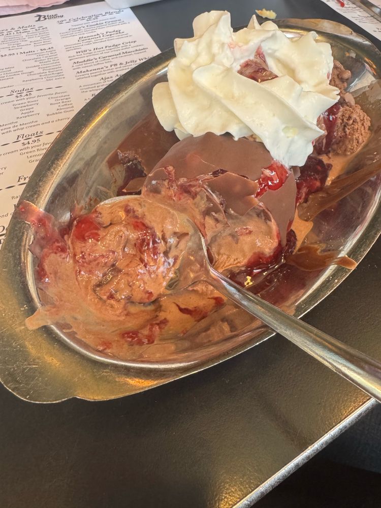 A silver dish filled with chocolate ice cream, raspberry sauce, whipped cream, and a spoon resting inside, accompanied by a menu in the background.