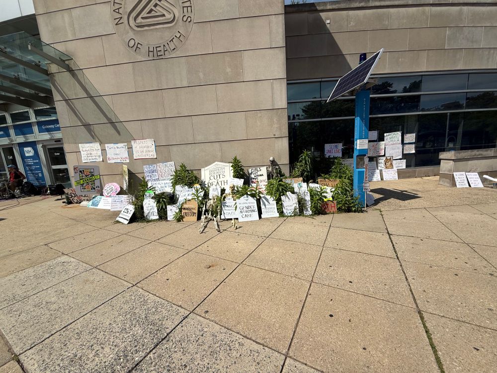Protesting signs in front of the NIH logo on the entryway to the NIH campus