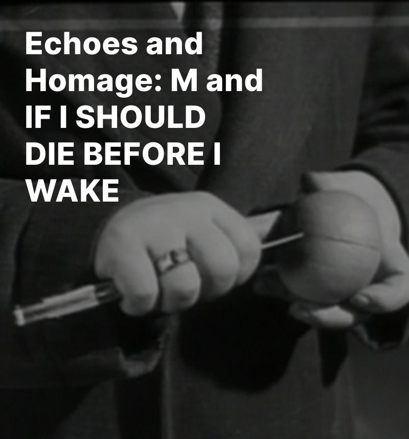 Black and White closeup of a hand with a knife peeling an orange

The caption reads "Echoes and Homage: "M" and "If I Should Die Before I Wake"