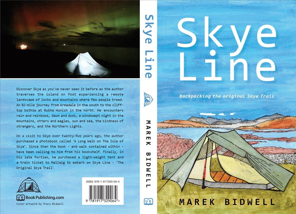 Book cover of Skye Line - Backpacking the Original Skye Trail featuring a small tent against a background of a Loch and the Cuillin Mountains. A hand-drawn picture. 

To the left side is the back cover of the book with a picture of the Northern Lights.

And the words: Discover Skye as you've never seen it before as the author traverses the island on foot experiencing a wild landscape of remote lochs and mountains where few people tread. An 82-mile journey from Armadale in the south to the cliff-top bothie at Rubha Hunish in the north. He encounters rain and rainbows, otters and eagles, sun and sea, a windswept night in the mountains, the kindness of strangers, and the Northern Lights.

On a visit to Skye over twenty-five years ago, the author purchased a photobook called 'A Long Walk on The Isle of Skye'. Since then the book – and walk contained within – have been calling to him from his bookshelf. Finally, in his late forties, he purchased a light-weight tent and a train ticket to Mallaig to embark on Skye Line - 'The Original Skye Trail'.

