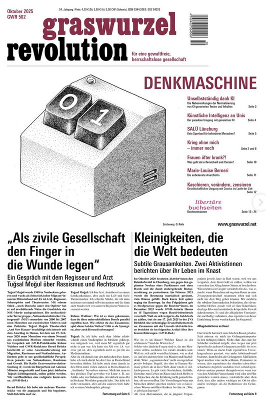 Titelseite Graswurzelrevolution 502. Grafik in der mitte, mit einer Maschine mit zwei knöpfen 01. *berschrift Denmaschine. zwei Artikel hervogehoben au Titelseite: Als zivile Gesellschaft die Finger in die Wunde legen" und "Kleinikeiten die die Welt bedeuten"