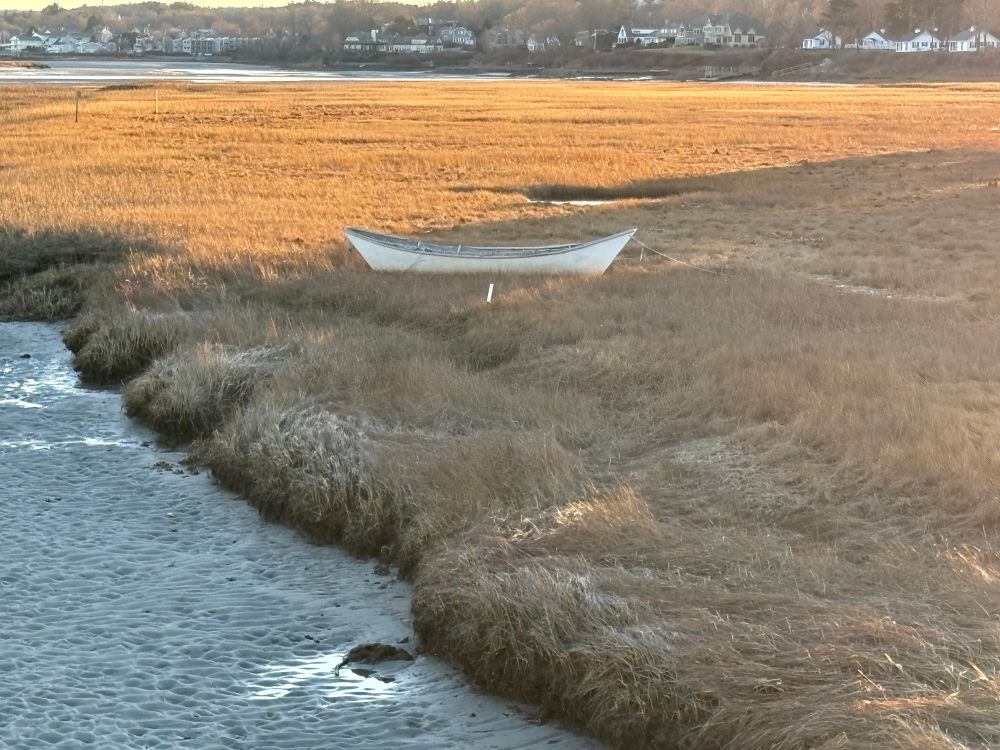 Ogunquit, Maine. Near Footbridge Beach, lone dory against golden dunes.