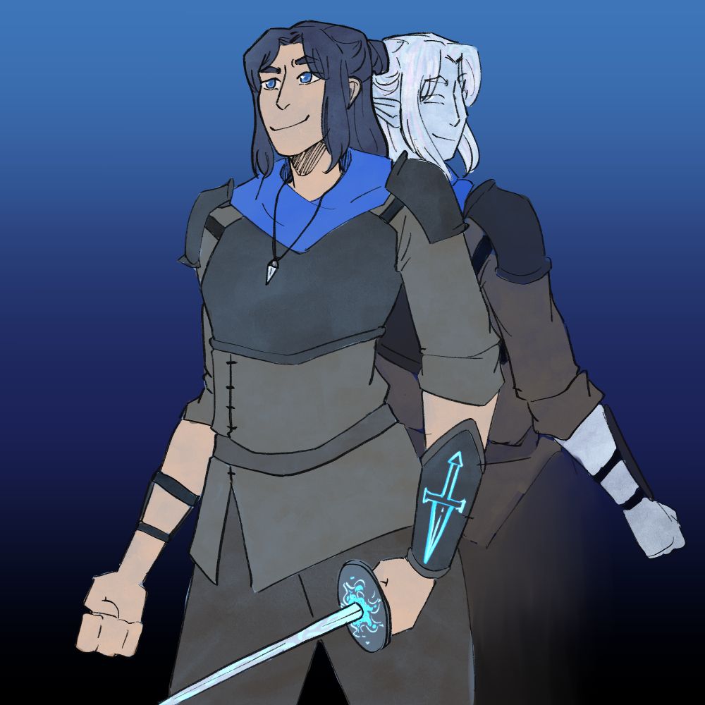 A picture of a changeling with dark leather armour wielding a flame touched rapier and braces of returning daggers. They are donning a human disguise with pale skin, dark hair, and blue eyes, but they're changeling form is behind them cheekily smiling at the camera