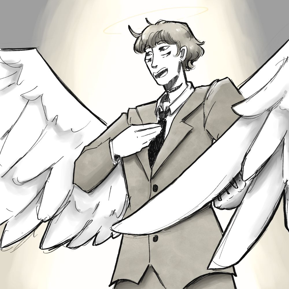 A person with 4 eyes, a mouth on their neck, angel wings, and a halo is in a suit singing. A spotlight shines down on them