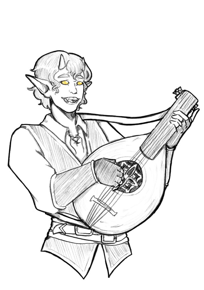 A lineart image of a tiefling bard holding a lute