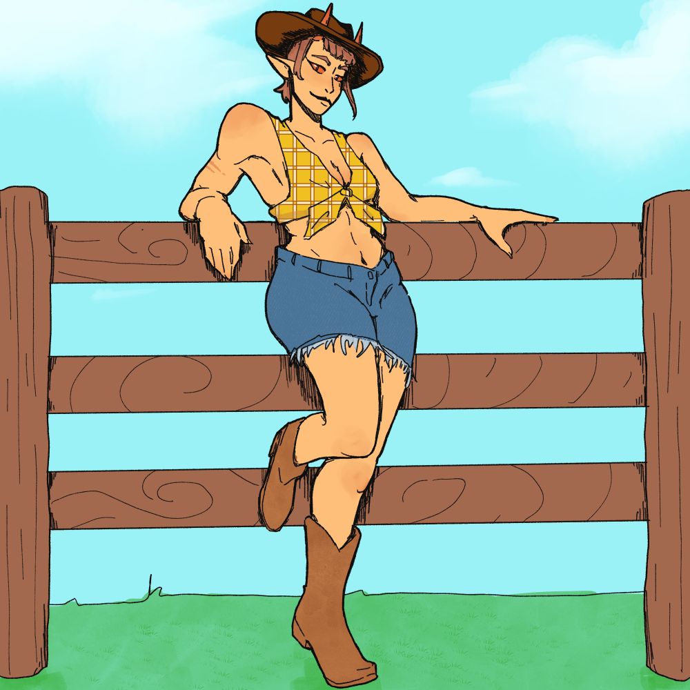 a yellow Tiefling in a plaid bra shirt and denim shorts leans against a wooden post, they are wearing a cowboy hat