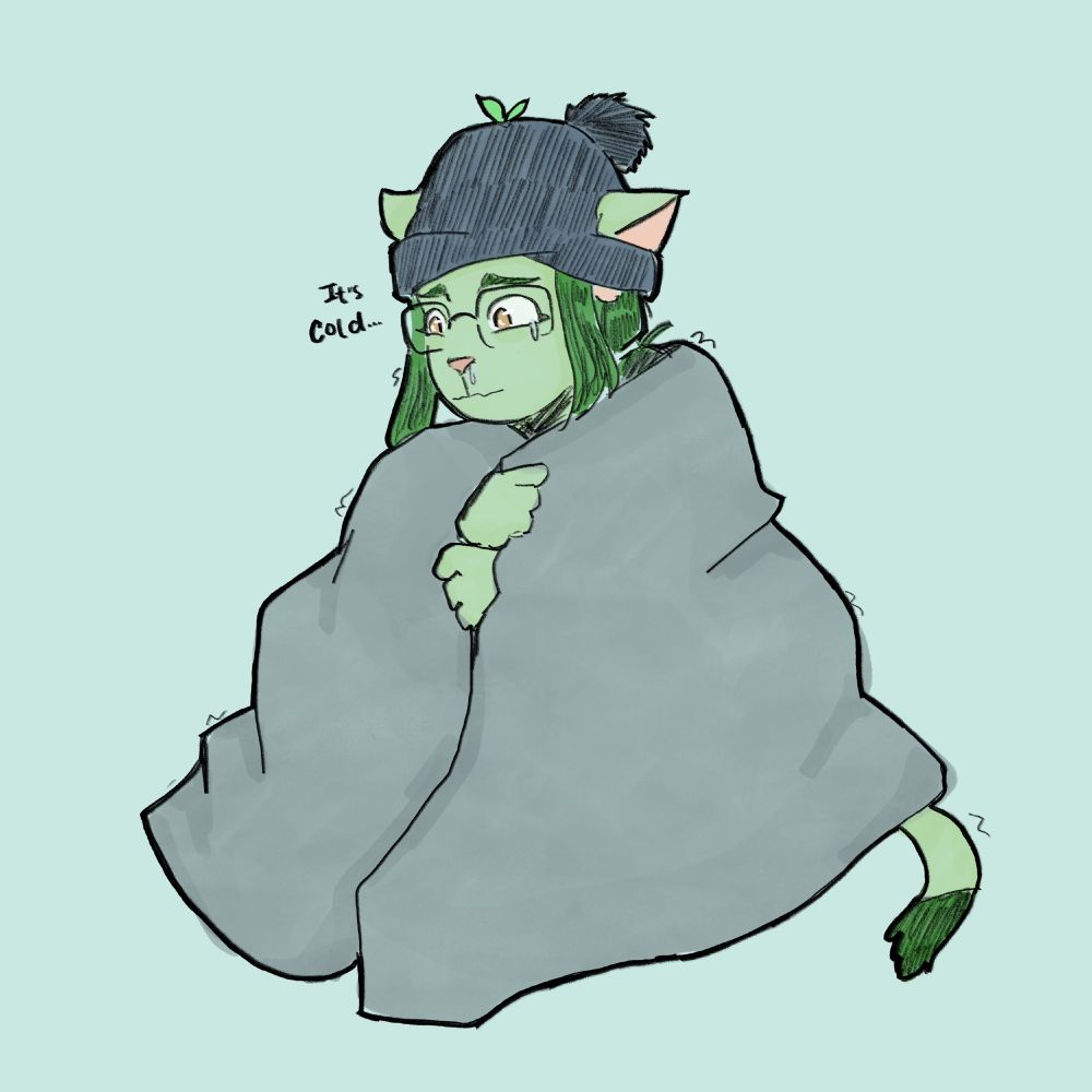a picture of an anthropomorphic green cat with a beanie wrapped in a blanket, shivering