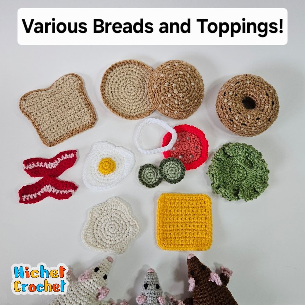 Caption: "Various Breads and Toppings!"
The rats in a row are seen at the bottom staring at the various sandwich breads and toppings in front of them. 