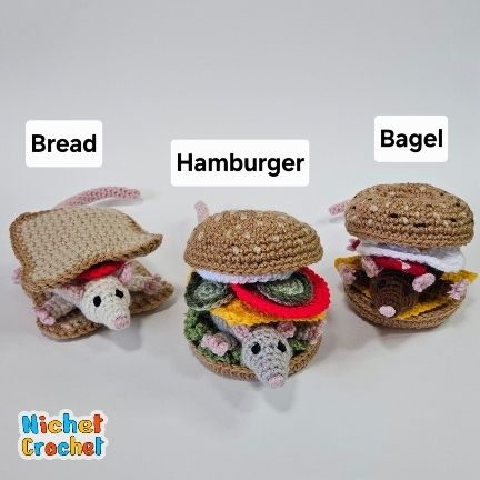 A rat sandwich with ketchup on it labeled "Bread," a rat hamburger labeled "hamburger," and a rat bagel sandwich labeled "bagel."