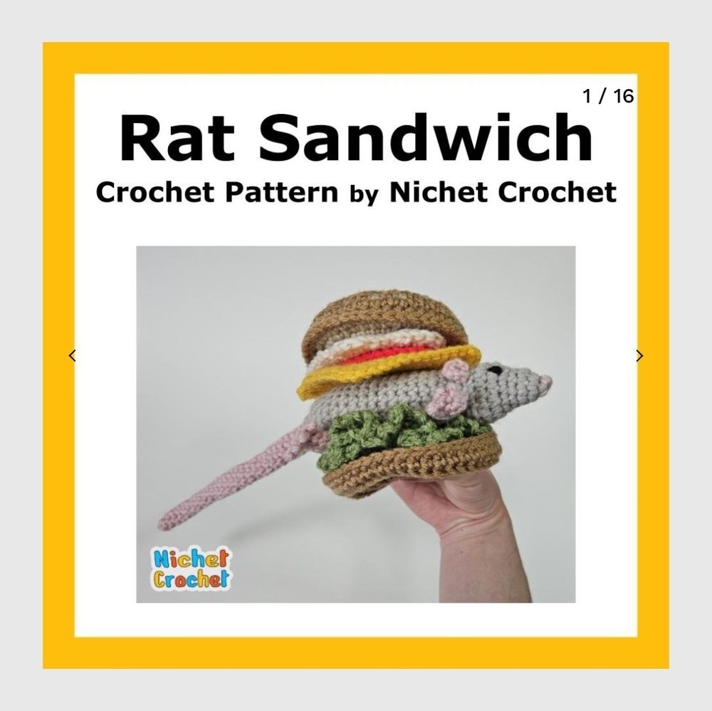 Thumbnail photo for the Rat Sandwich Crochet Pattern by Nichet Crochet. The photo consists of a hand holding up a crochet sandwich with a rat in place of meat.