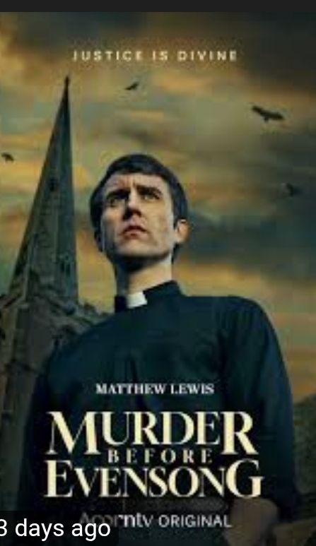 Priest standing in front of chuch spire as crows cirle above. Ad for British TV series, Murder before Evensong
