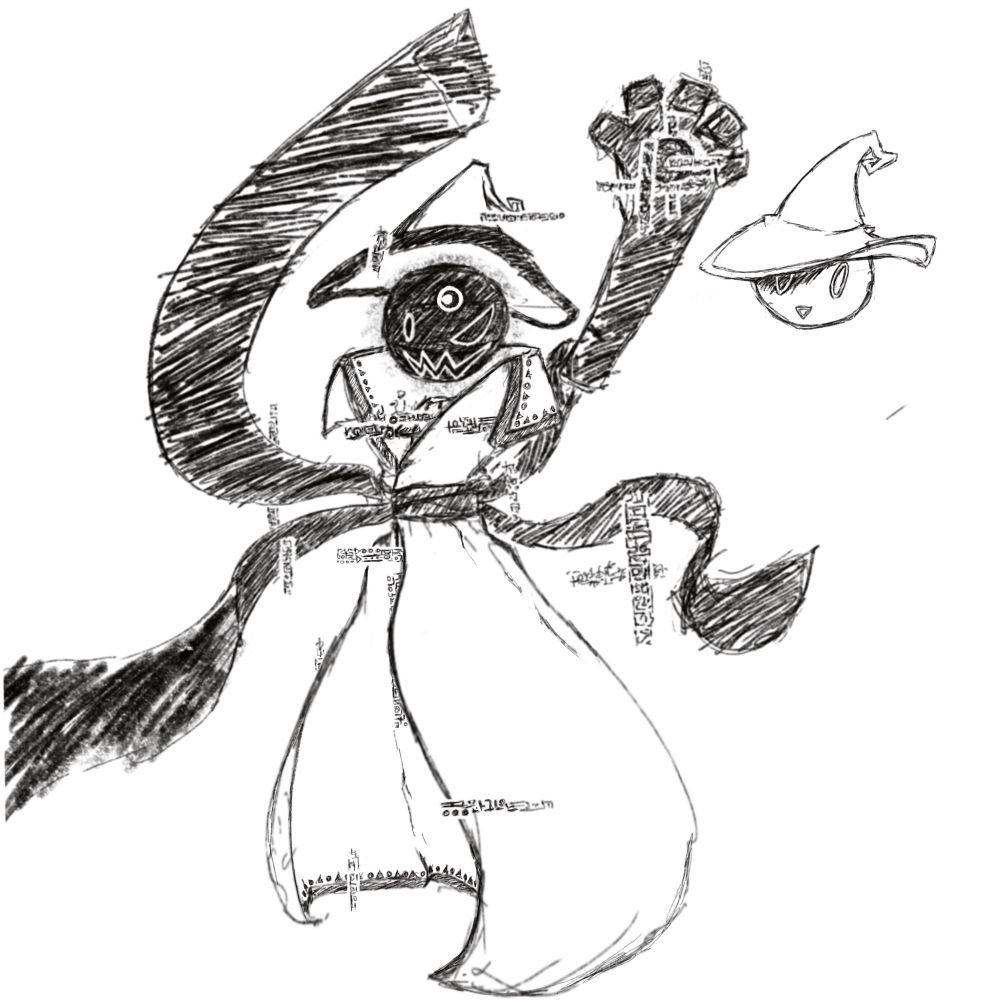 A character with a dark sphere head and wizard hat. It's head floats above a cloak that is tied around glimpses of a crystal by multiple scarves. There are arcane-looking runes around the figure, clustered near the spell in it's hand and the crystal in it's cloak.