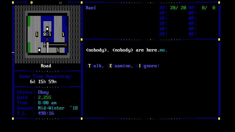 BBS door game called LORE, which is inspired by ultima type games. Game screen shot displays the game world and a menu system in ASCII characters.