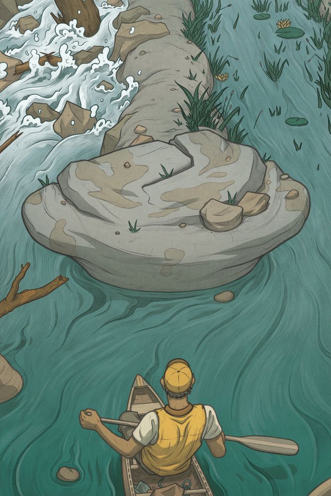 Kayaker at a blind fork in the river, unknowingly choosing between choppy and serene water. Current pushes them slightly toward the serene. Drawn for Wired UK about government agency studying effect of imperceptible "nudges" in official documents