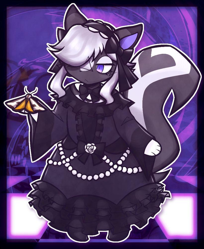 An illustration of Noire, an anthropomorphic skunk with purple eyes wearing a gothic lolita dress with a great many frills, beads, ribbons and a white rose. On her right paw rests a Clymene moth. The background is a very deep purple with a chessboard-like floor and a faint distorted image of the foreground contents. There is also a black frame.