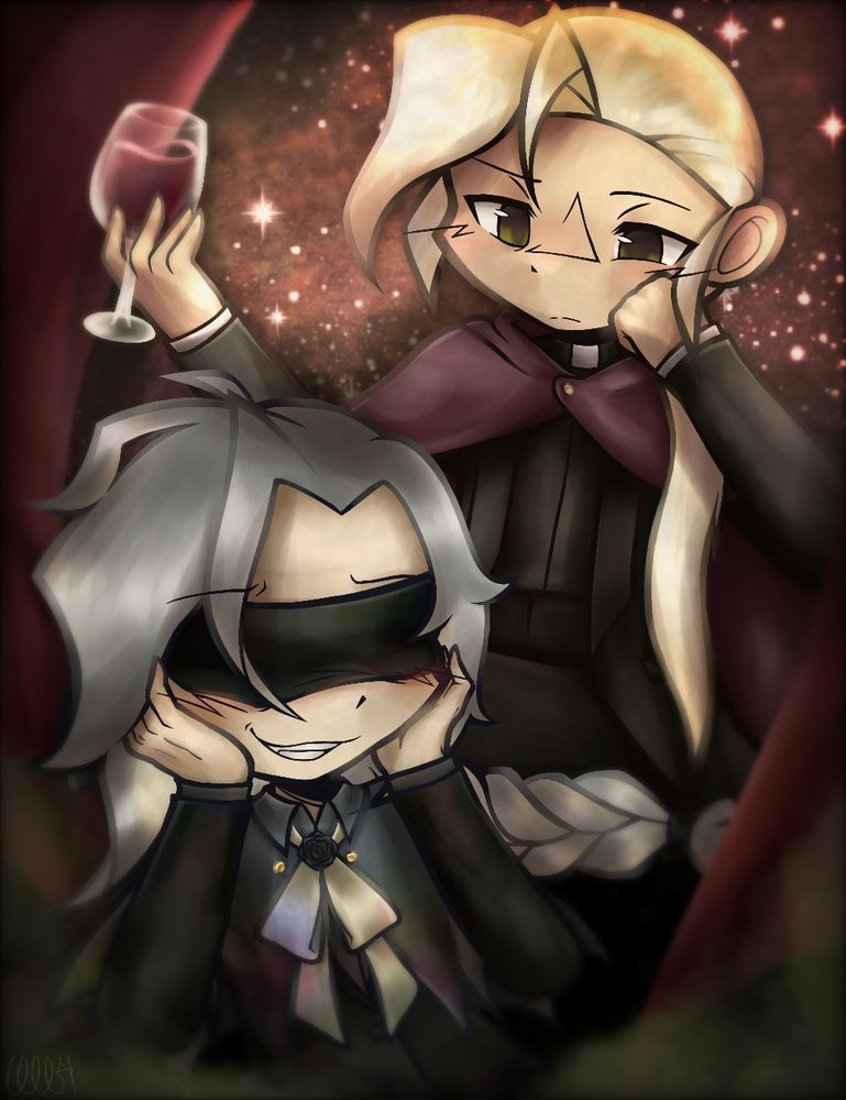 An illustration of two people. Sitting further in the background and over the other is Walraven, an individual with fair skin, hazel eyes, and long, platinum blonde hair tied in a thin low ponytail draping over his left shoulder. He is wearing an open black suit jacket over a black clerical rabat (with a clergy collar), with the ends of white sleeves of a shirt showing from underneath. He is also wearing black trousers and a grape-colored cloak. In his right hand rests a wine glass containing some sort of red wine. He rests his head on his other hand, wearing an expression that suggests deep thought. He looks at Nadja, an elderly individual with particularly pale skin and messy grey (with a hint of blonde, in places) braided hair. They are wearing a black blindfold over their eyes. They wear a dusty blue capelet cut to look like bat wings, with a beige ribbon running through the collar and tied in a bow decorated with a single black rose. Under the capelet is a vague suggestion of a closed suit jacket over a dark grey shirt. They seem delightfully aswoon with their hands on their blushing cheeks. The background is a texture of a starry reddish sky, framed in some way with dark red curtains. Further in the foreground, there seems to be a green, misty aura.