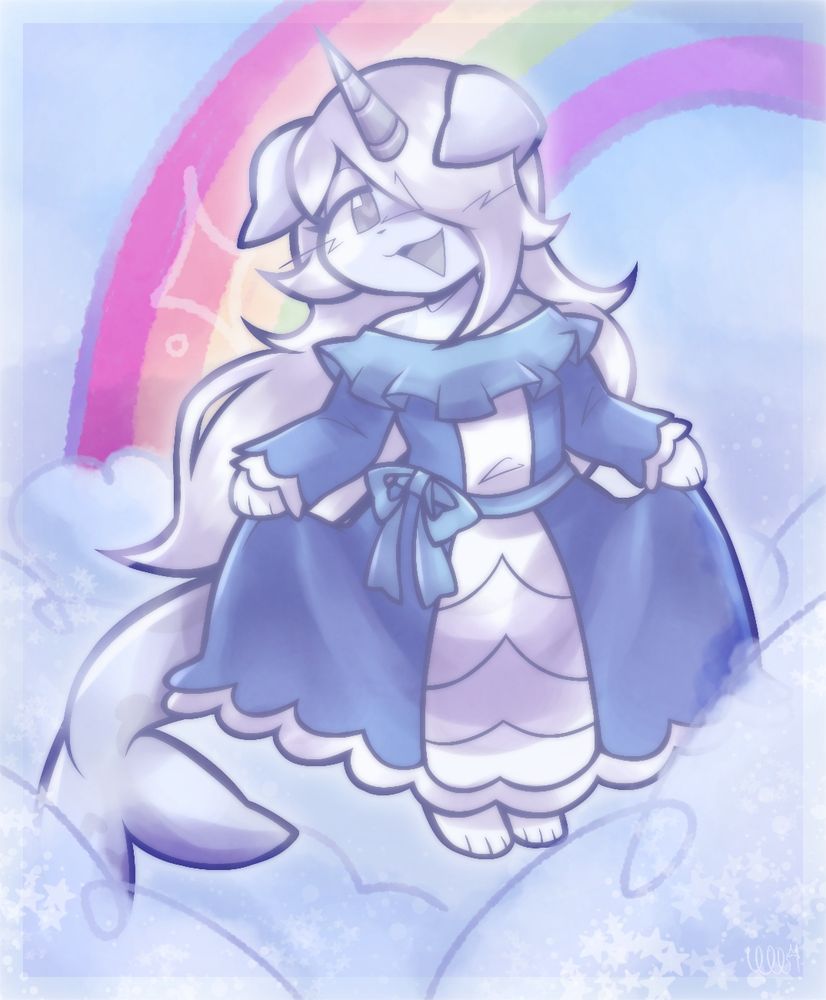 An illustration of Pip, a light blue narwhal dog with very long hair wearing a blue  off-the-shoulder dress with a lighter blue ribbon at the waist, tied in a bow off to his right. The scene is set atop some clouds in the sky with starry particles in them. In the background, there is a pastel rainbow.
