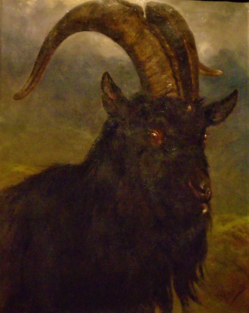 Tableau de Rosa Bonheur exposé au Musée des Beaux-Arts de Bordeaux. Portrait de trois-quarts d'un bouc noir aux cornes jaunies courbées vers l'arrière, à la barbe longue et aux yeux rouges, devant un décor flou vert et blanc.