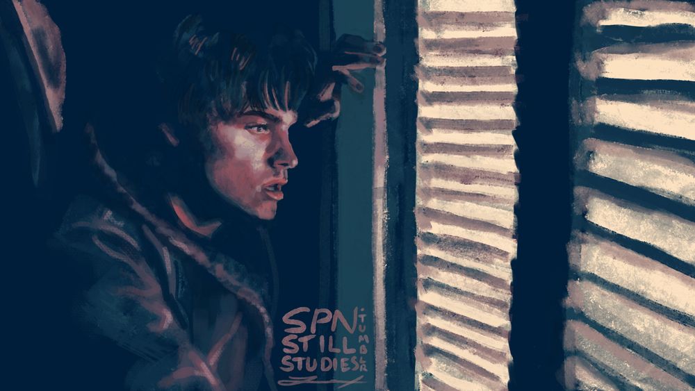 A digital painting of Sam Winchester in Supernatural season 1 episode 14, "Nightmare". The color palette is blues, dull pinks, and light yellows. He's trapped in a closet, hand resting on the frame of the doors, light filtering through the slats. He's intensely focused on moving the blockade on the other side of the door with his mind.