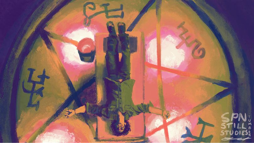 A digital painting of a still from Supernatural season 4 episode 21, "When The Levee Breaks". In trippy rainbow colors, we see Sam laying on a cot in the middle of a huge devil's trap, his face contorted in pain and his arms out as if he's on an invisible cross. From our vantage, he looks upside down, evoking imagery of St. Peter who is said to have requested to be crucified with the cross reversed to distance his martyrdom from Christ’s sacrifice.