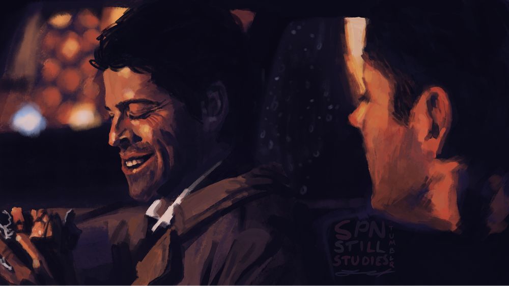 A digital painting of a still from Supernatural season 5 episode 14, "My Bloody Valentine". In warm oranges and purples, Cas and Dean are sitting in the Impala. Cas' face is pulled into a smile, as he looks down at the burger he's eating. In the foreground, Dean is turned to look at him, the moment reading as intimate and fond. Outside the car windows colored lights bloom, and raindrops cling to the glass. 