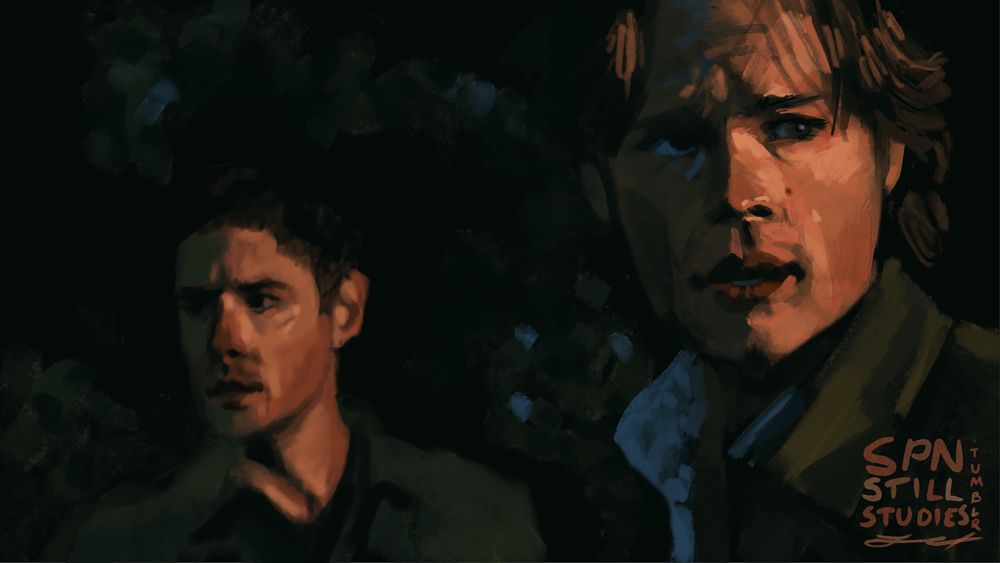 A digital painting of a still from Supernatural, season 4 episode 11, "Family Remains". Sam is in the foreground with his brow furrowed and his mouth parted in concern, orange light illuminating half of his face. Behind him, fuzzy in the background is Dean, with his head turned to the side looking off to his right.