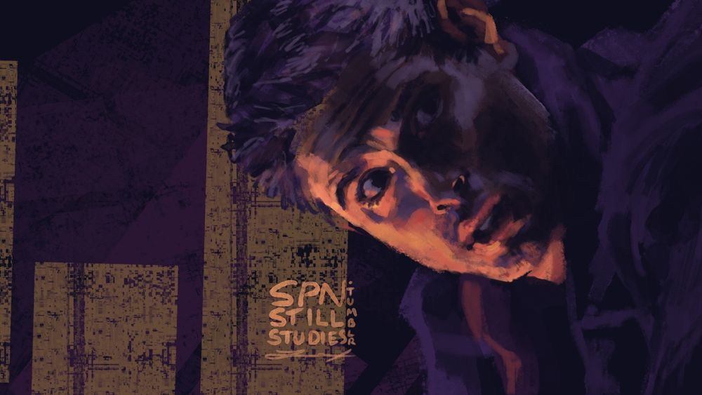 A digital painting of Dean Winchester from Supernatural, based on a screencap from season 1 episode 1, “Pilot”. In purples and oranges, he’s leaning forward, head turned towards the viewer with half of his face washed in a warm glow and the other cast in shadow. His brow is furrowed, mouth parted as he says something.