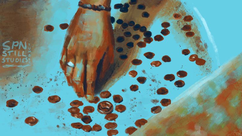A digital painting of a still from Supernatural season 4 episode 8, "Wishful Thinking". In saturated cyan and reds, we see Dean's hand reaching for a large coin in a wishing fountain. It's among other smaller coins strewn across the bottom of the fountain, the bottom of it speckled and discolored from wear.