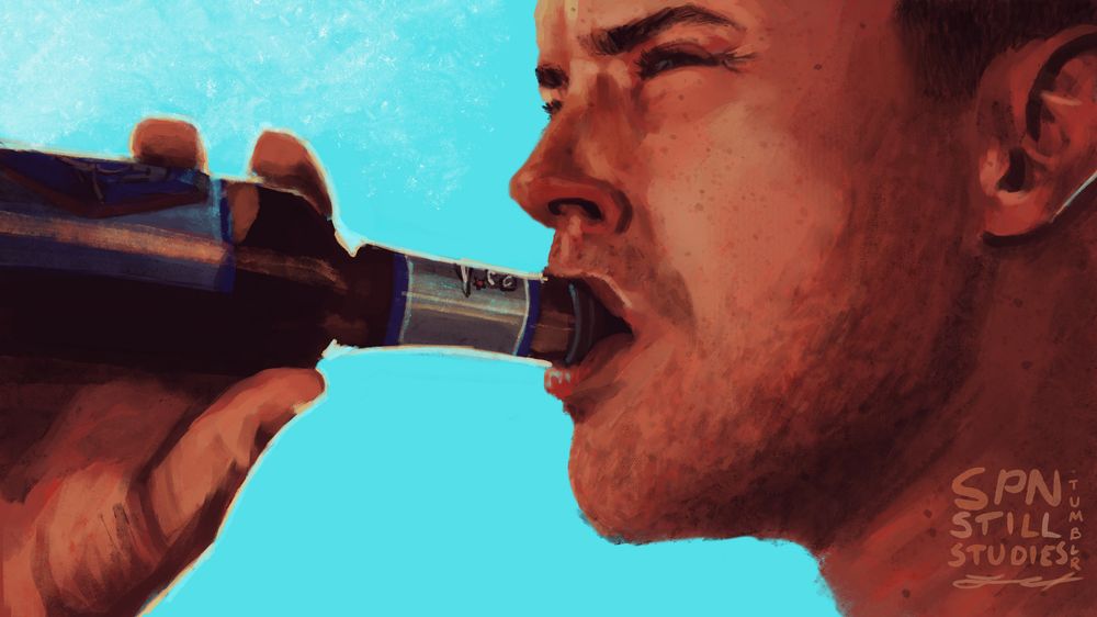 A digital painting of a still from Supernatural season 4 episode 6, "Yellow Fever". In vibrantly saturated color, it's a closeup of Dean drinking a beer in profile, close enough we can see his freckles. The sky is bright blue as he squints, his brow furrowed and eyes crinkling. His lips are plush where they're wrapped around the bottle,  his hand relaxed with two fingers resting on the side as he tilts it.