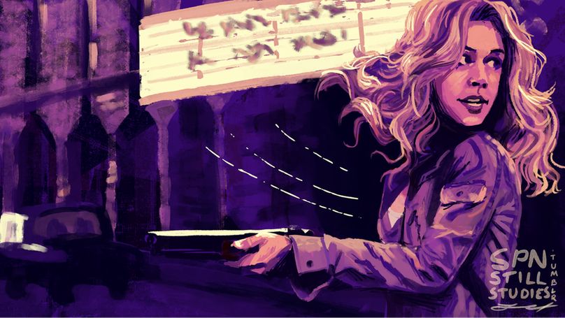 A digital painting of a still from Supernatural season 5 episode 10, "Abandon All Hope". In purple and peach colors, Jo is standing in the middle of the street weilding a sawed-off shotgun. She's turning her head to look over one shoulder, her long blonde hair whirling around her as she does. Her expression is one of determination and focus. Behind her is the marquee of an old movie theater, the building old fashioned and ornate.