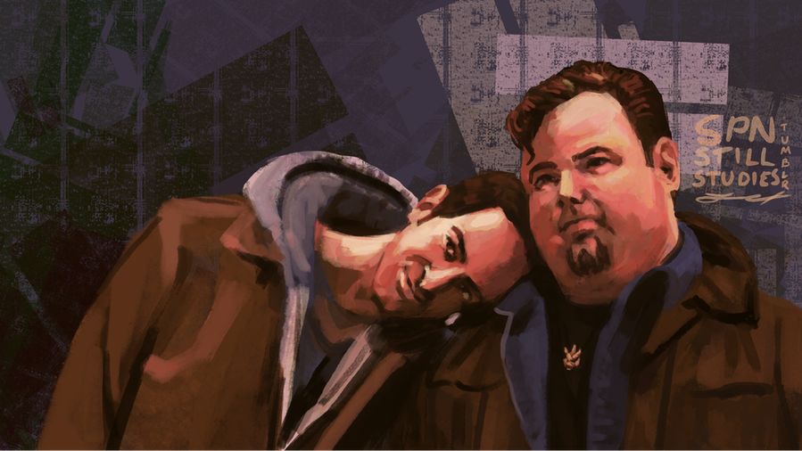 A digital still from Supernatural season 5 episode 9, "The Real Ghostbusters". In warm colors, two fans of the book series Supernatural, Demian and Barnes, cosplay as Sam and Dean. In their typical multi-layered garb, Barnes rests his head on Demian's shoulder, leaning down quite significantly to reach the shorter man. Their expressions are soft and fond.