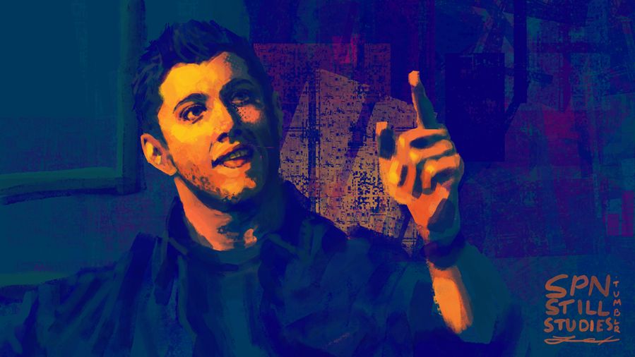 A digital painting of a still of Dean Winchester from Supernatural season 2 episode 15, "Tall Tales". In a palette of blues and oranges, Dean extends his pointer finger like he has an idea. His expression is a little cocky, and a little goofy, a crooked smile with his tongue darting out over his bottom lip.