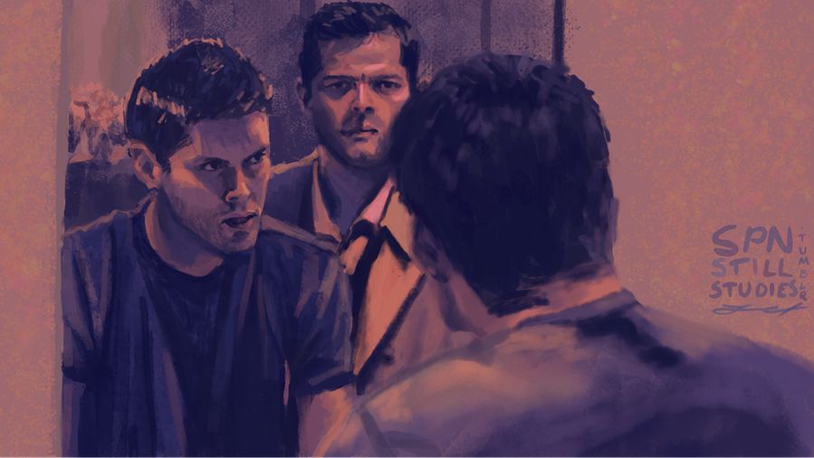 A digital painting of a still from Supernatural season 5 episode 3, "Free to Be You and Me". In a palette of oranges and purples, Dean is hunched in front of a mirror, looking at Cas standing over his shoulder in it. They are very close, both of their gazes intense.