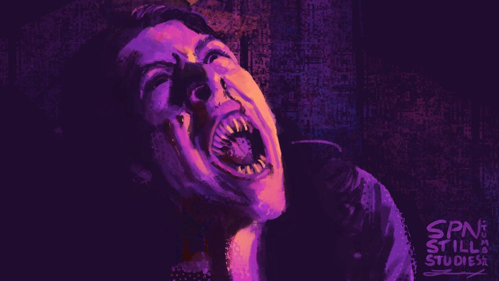 A digital painting of a still from season 2 episode 3 of Supernatural. In deep purples and neon pinks, a female vampire's face is tilted up, her entire face contorted into a scream, her pointed teeth boldly displayed. Blood is dripping onto her cheek, down her upper lip, and getting dangerously close to her wide open mouth. A digital painting of a still from season 2 episode 3 of Supernatural. In deep purples and neon pinks, a female vampire's face is tilted up, her entire face contorted into a scream, her pointed teeth boldly displayed. Blood is dripping onto her cheek, down her upper lip, and getting dangerously close to her wide open mouth. 