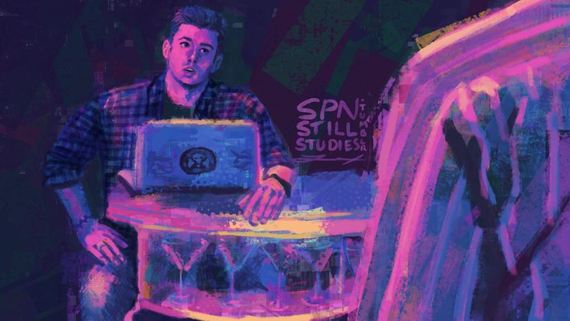 A digital painting of Dean Winchester in Supernatural, season 1 episode 19, "Provenance". The style is bright and zany, visible brushstrokes of pinks and blues and yellows. Dean's sitting behind a motel room counter, his laptop with a skull sticker resting on top with martini glasses lined on the shelf beneath. He has one arm leaning on the counter while his other hand rests on his thigh, tilting his head to one side in a way that looks rather sassy.