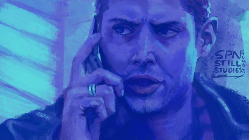 A digital painting of Dean Winchester from Supernatural, in season 1 episode 9 "home". In pale purple, cyan and blue, he holds his flip phone, leaving a voicemail for his father. His brow is furrowed, eyes glassy with tears as he glances off to one side, his mouth pursed tensely as he speaks. The background is starkly bright, casting Dean in purple shadow framed by cyan light.
