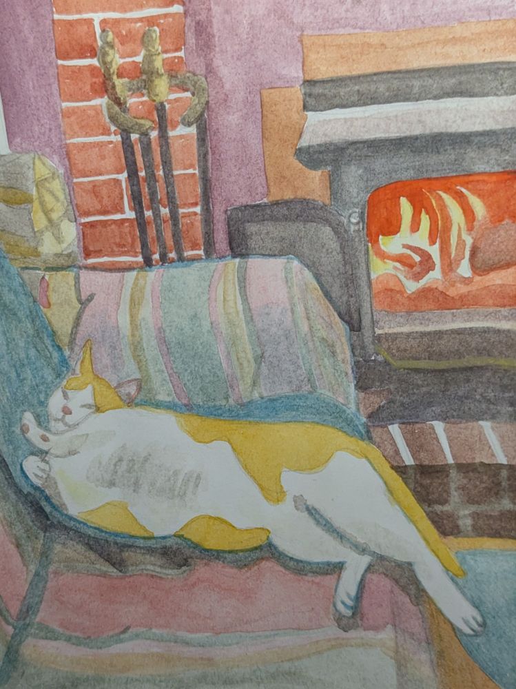 A watercolor painting of a cat passed out on a couch next to a blazing wood stove.