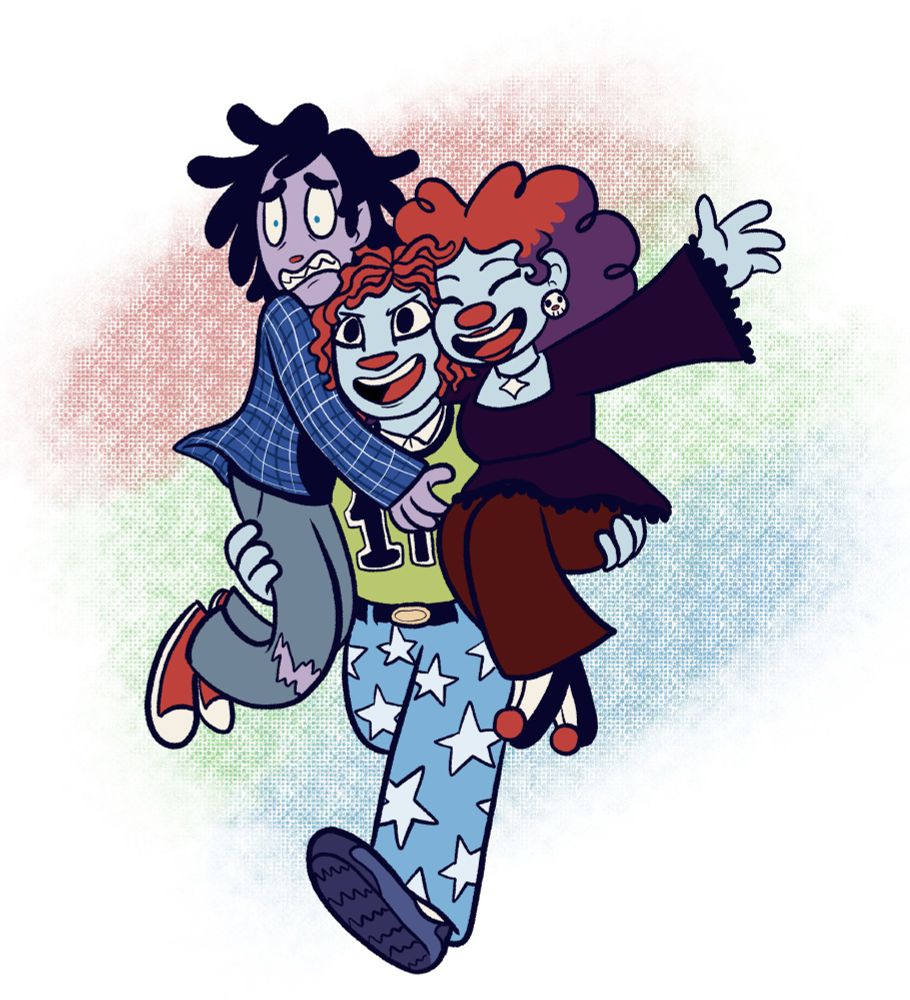 Kingston, Leo and Quinn as teenagers. Leo is running while holding the other 2. Kingston is scared and holding onto Leo and Quinn is having fun with a hand up.