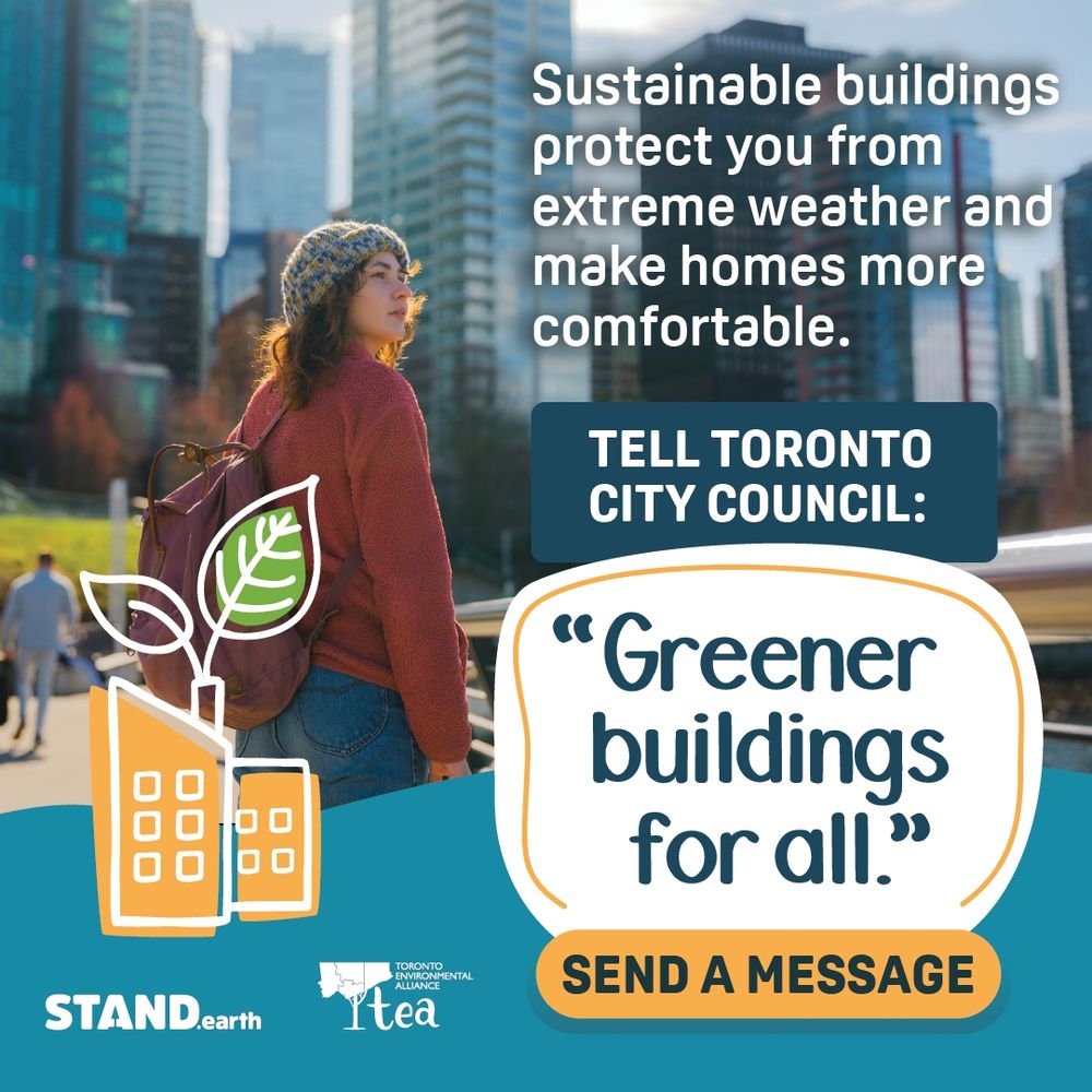 Background photo of a person in Toronto, with the cityscape behind them. Illustration of buildings with a plant growing out of a smokestack. “Sustainable buildings protect you from extreme weather and make homes more comfortable. TELL TORONTO CITY COUNCIL: "Greener buildings for all." SEND A MESSAGE” Stand.earth logo and Toronto Environmental Alliance logo in bottom left corner. 