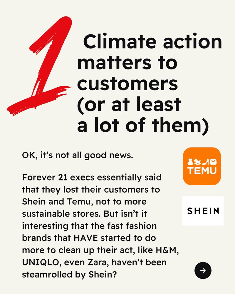 Cream-colored background. Text reads “1. Climate action matters to customers (or at least a lot of them) OK, it's not all good news. Forever 21 execs essentially said that they lost their customers to Shein and Temu, not to more sustainable stores. But isn't it interesting that the fast fashion brands that HAVE started to do more to clean up their act, like H&M, UNIQLO, even Zara, haven't been steamrolled by Shein?” Temu and Shein logos to the right of text. Arrow icon in bottom right corner.