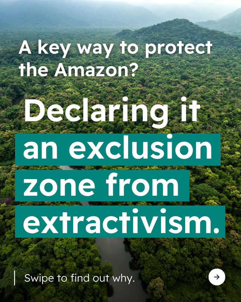 Background photo of Amazon rainforest. “A key way to protect the Amazon? Declaring it an exclusion zone from extractivism. Swipe to find out why.” Arrow icon pointing right in bottom right corner. 