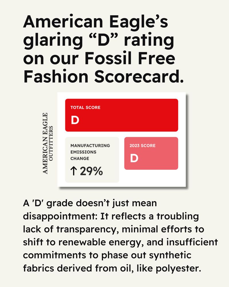 Cream-colored background. Text reads “American Eagle's glaring "D" rating on our Fossil Free Fashion Scorecard.” American Eagle Outfitters logo flipped horizontally next to an image from Stand’s scorecard showing AE’s total score as D, with their manufacturing emissions change showing a 29% increase and their 2023 score also D. Text below reads “A 'D' grade doesn't just mean disappointment: It reflects a troubling lack of transparency, minimal efforts to shift to renewable energy, and insufficient commitments to phase out synthetic fabrics derived from oil, like polyester.”
