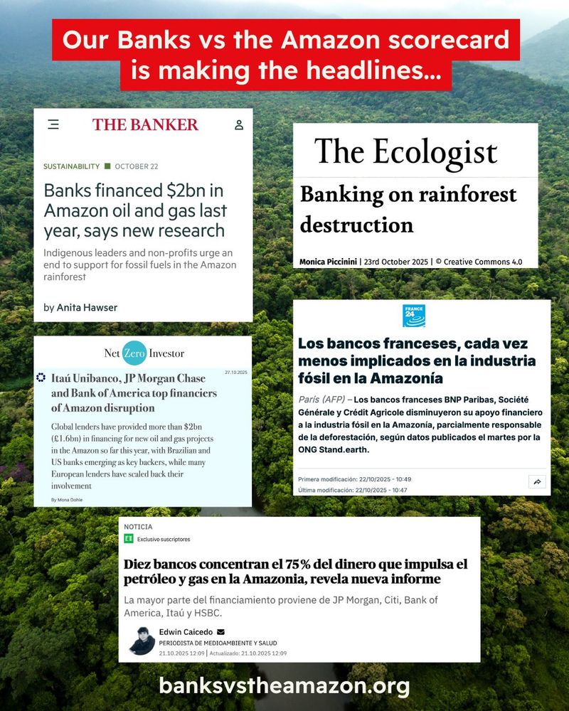 Background photo of the Amazon rainforest. “Our Banks vs the Amazon scorecard is making the headlines…” with screenshots of headlines from the Banker, the Ecologist, Net Zero Investor, France24, and Noticia about the scorecard, with some naming the big banks like Itau Unibanco, JP Morgan Chase, Bank of America and Citi. “banksvstheamazon.org” 
