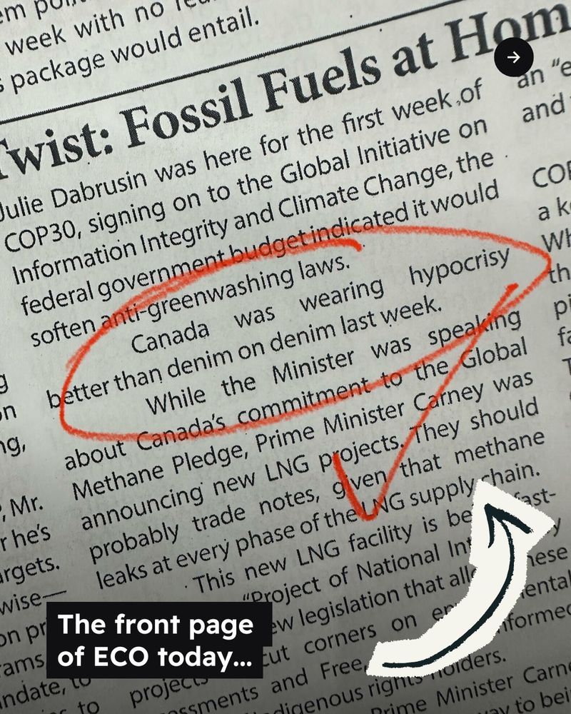 Close-up of a ECO article, with a line circled and checked off in red reading “Canada was wearing hypocrisy better than denim on denim last week.” “The front page of ECO today…” with an arrow icon pointing to the line. 
