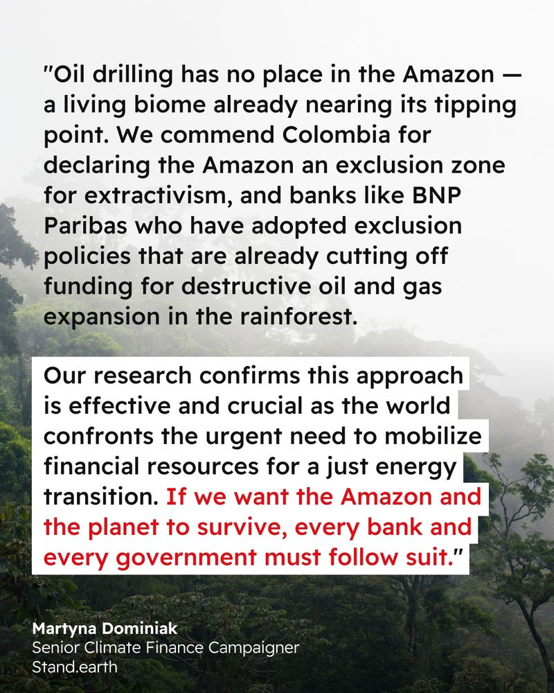 Background photo of the Amazon rainforest. Quote reads “Oil drilling has no place in the Amazon — a living biome already nearing its tipping point. We commend Colombia for declaring the Amazon an exclusion zone for extractivism, and banks like BNP Paribas who have adopted exclusion policies that are already cutting off funding for destructive oil and gas expansion in the rainforest. Our research confirms this approach is effective and crucial as the world confronts the urgent need to mobilize financial resources for a just energy transition. If we want the Amazon and the planet to survive, every bank and every government must follow suit. — Martyna Dominiak, Senior Climate Finance Campaigner, Stand.earth”